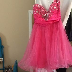 Strapless short pink rhinestone top prom dress